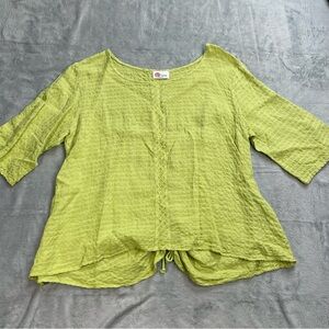 Linnea Blouse Large Womens Linen Blend Textured Cinch Back Boxy Lagenlook Lime